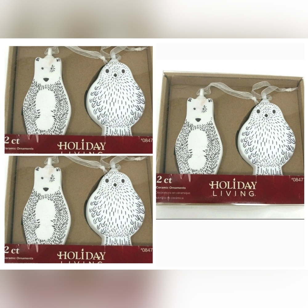 6 Holiday Living Ceramic Animal Ornaments - Woodland Creatures, Owl, & Bear Set